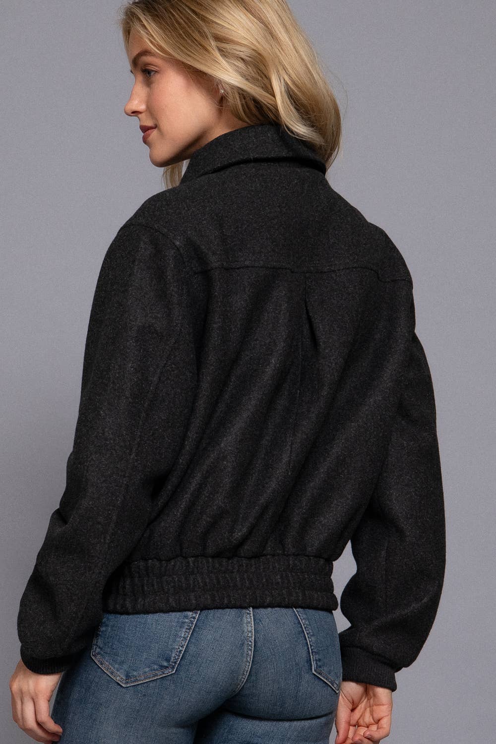Long Sleeve Lapel Collar Soft Felt Bomber Jacket-Jackets-Krush Kandy, Women's Online Fashion Boutique Located in Phoenix, Arizona (Scottsdale Area)
