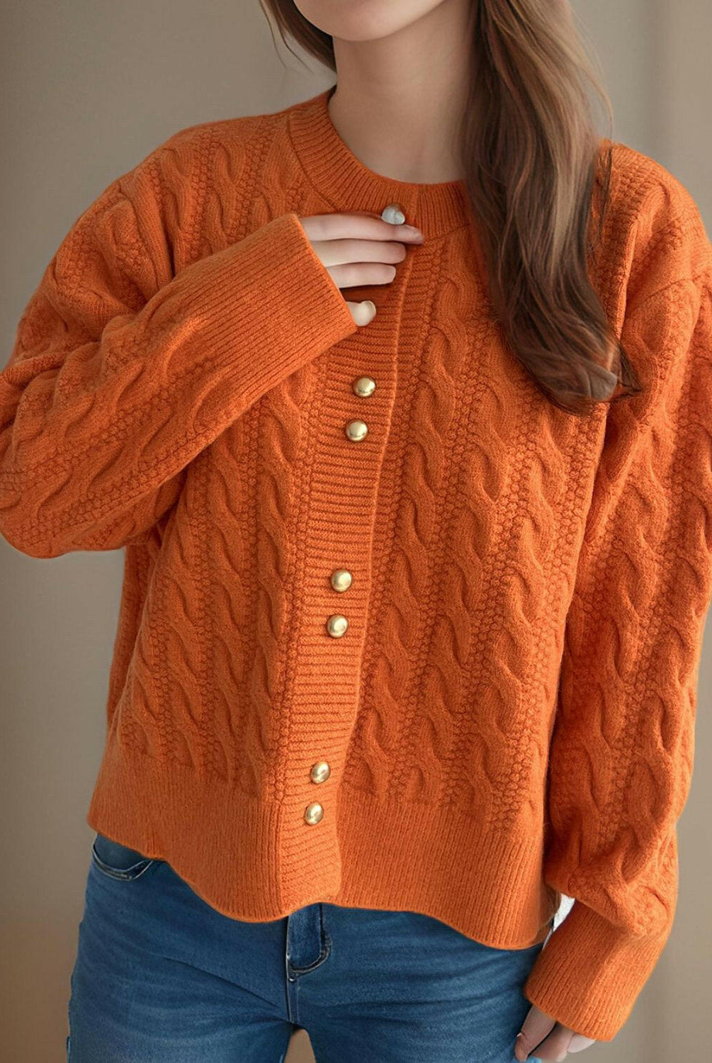 Cable-Knit Round Neck Long Sleeve Cardigan-Cardigans-Krush Kandy, Women's Online Fashion Boutique Located in Phoenix, Arizona (Scottsdale Area)