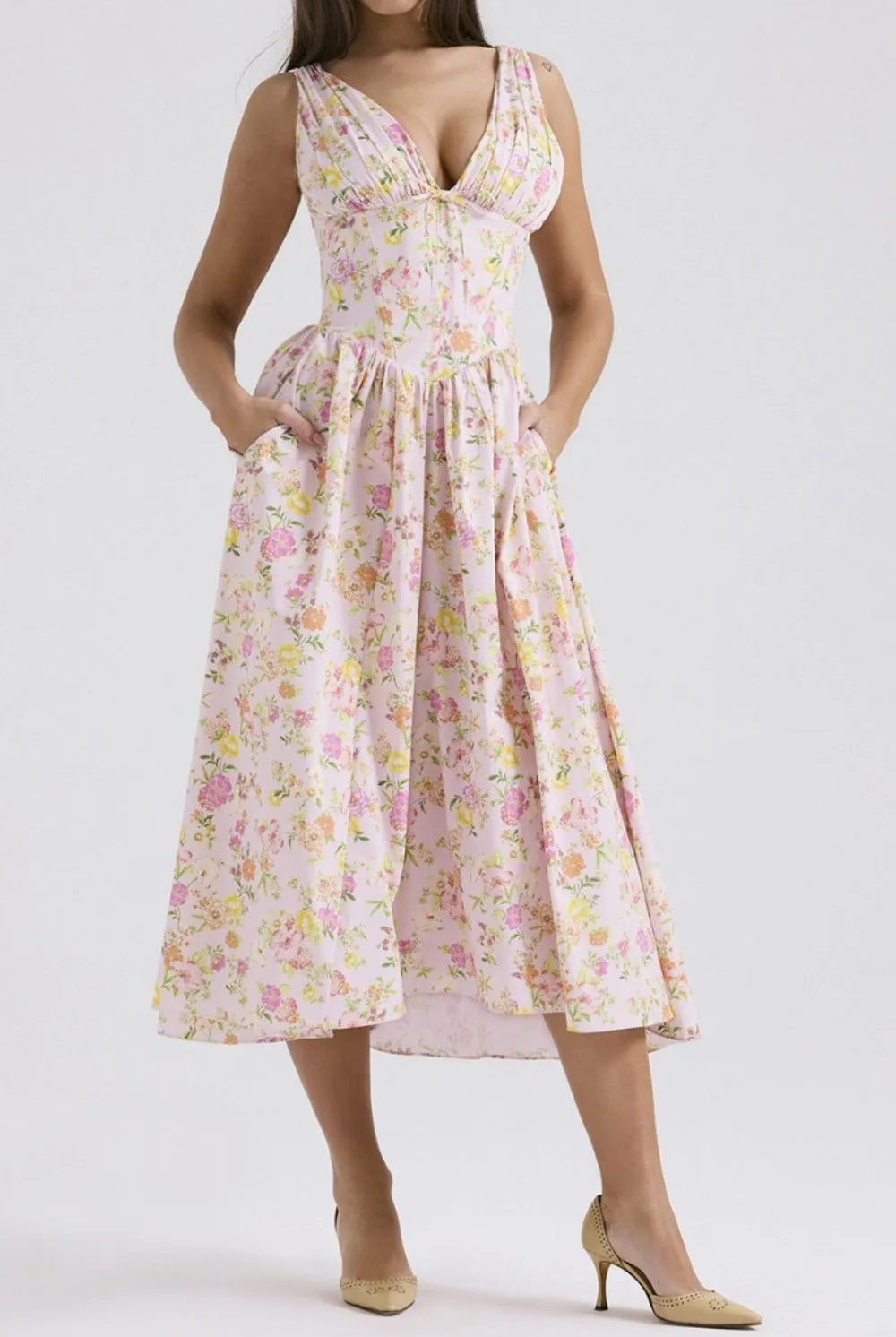 Floral V-Neck Sleeveless Midi Dress with Pockets-Dresses-Krush Kandy, Women's Online Fashion Boutique Located in Phoenix, Arizona (Scottsdale Area)
