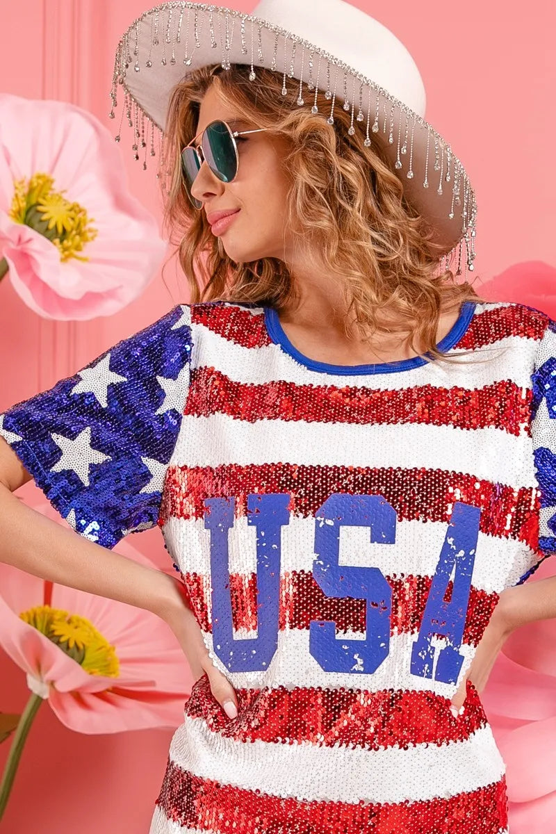 BiBi American Flag Theme Usa Print Sequin Dress-Dresses-Krush Kandy, Women's Online Fashion Boutique Located in Phoenix, Arizona (Scottsdale Area)
