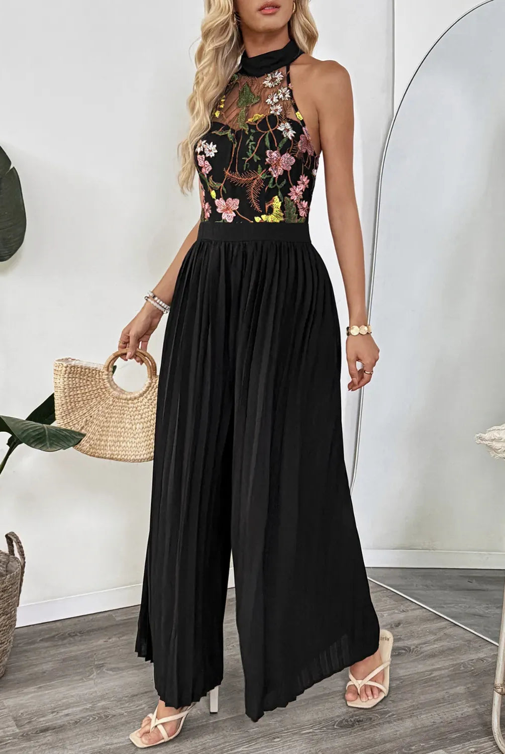 Floral Embroidered Halter Neck Pleated Jumpsuit-Jumpsuits & Rompers-Krush Kandy, Women's Online Fashion Boutique Located in Phoenix, Arizona (Scottsdale Area)