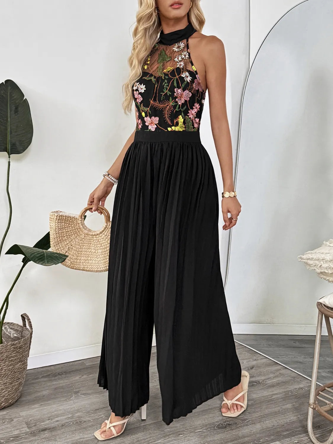 Floral Embroidered Halter Neck Pleated Jumpsuit-Jumpsuits & Rompers-Krush Kandy, Women's Online Fashion Boutique Located in Phoenix, Arizona (Scottsdale Area)