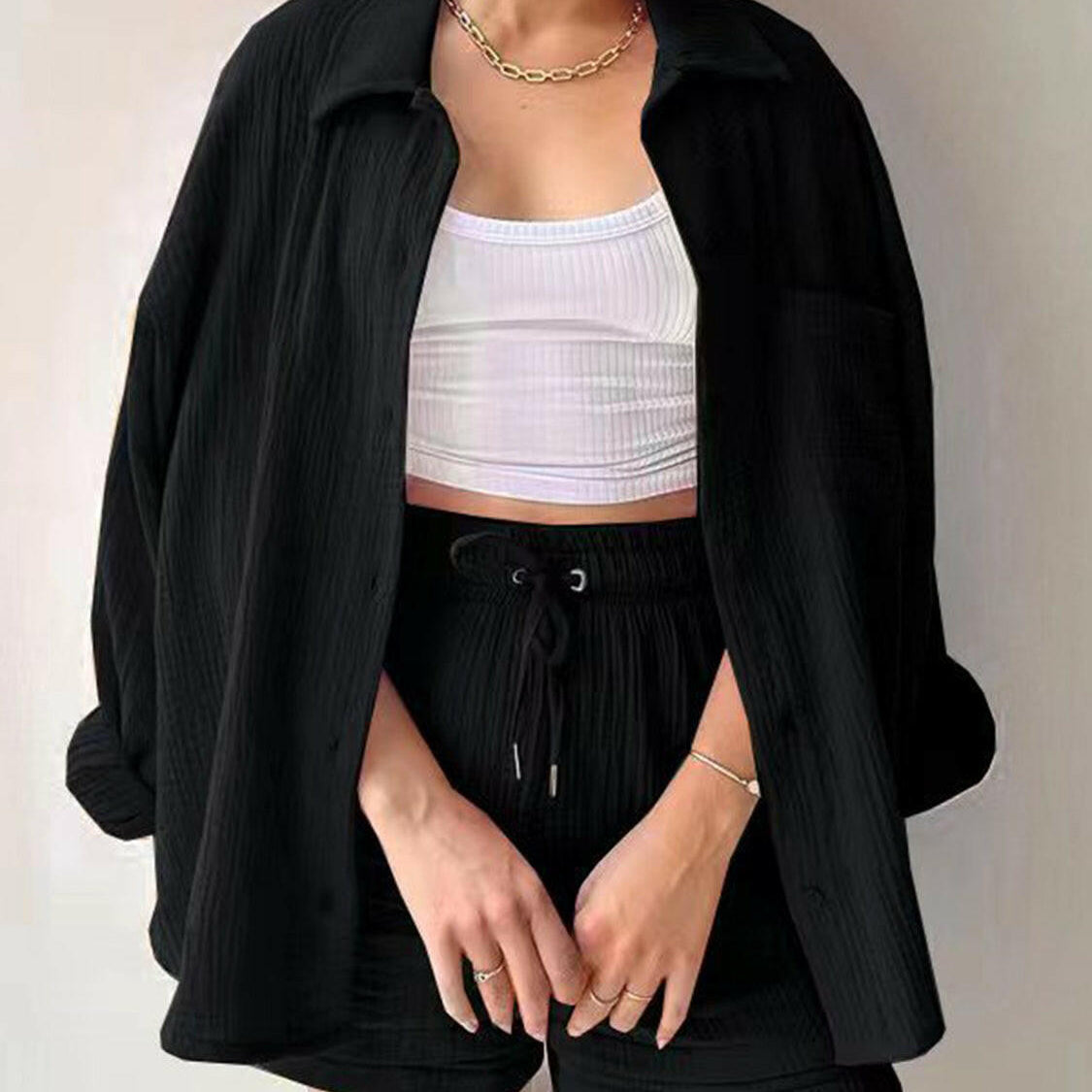 Kinsley Texture Button-Up Shirt and Drawstring Shorts Set-Krush Kandy, Women's Online Fashion Boutique Located in Phoenix, Arizona (Scottsdale Area)