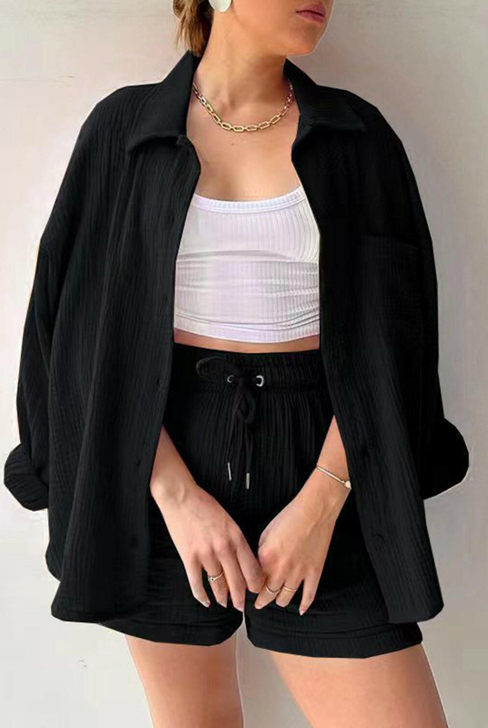 Kinsley Texture Button-Up Shirt and Drawstring Shorts Set-Krush Kandy, Women's Online Fashion Boutique Located in Phoenix, Arizona (Scottsdale Area)