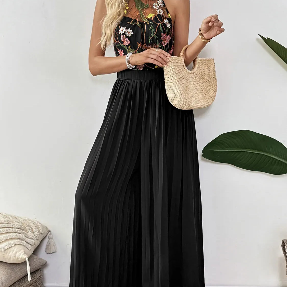 Floral Embroidered Halter Neck Pleated Jumpsuit-Jumpsuits & Rompers-Krush Kandy, Women's Online Fashion Boutique Located in Phoenix, Arizona (Scottsdale Area)