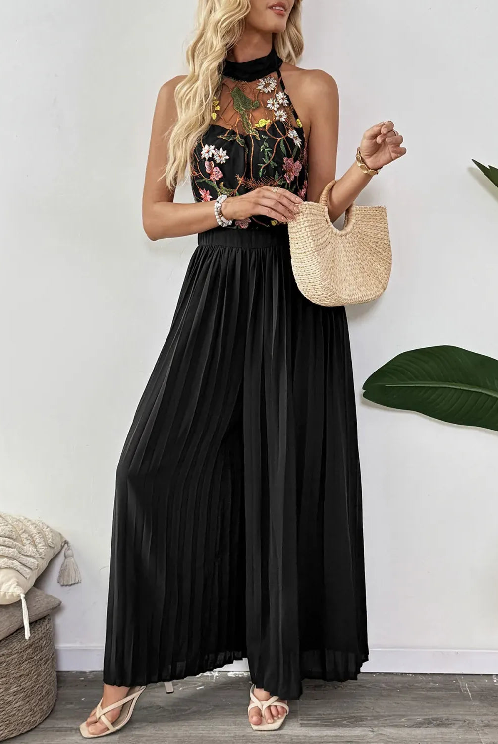 Floral Embroidered Halter Neck Pleated Jumpsuit-Jumpsuits & Rompers-Krush Kandy, Women's Online Fashion Boutique Located in Phoenix, Arizona (Scottsdale Area)