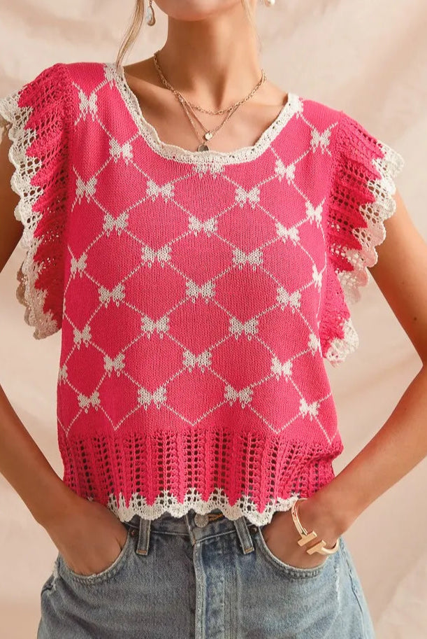 SO ME Bow Ribbon Pattern Sweater Top with Back Key Hole-Blouses-Krush Kandy, Women's Online Fashion Boutique Located in Phoenix, Arizona (Scottsdale Area)