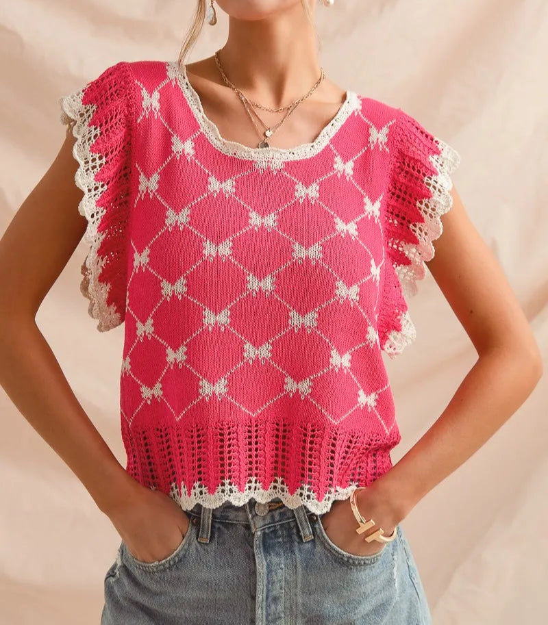 SO ME Bow Ribbon Pattern Sweater Top with Back Key Hole-Blouses-Krush Kandy, Women's Online Fashion Boutique Located in Phoenix, Arizona (Scottsdale Area)