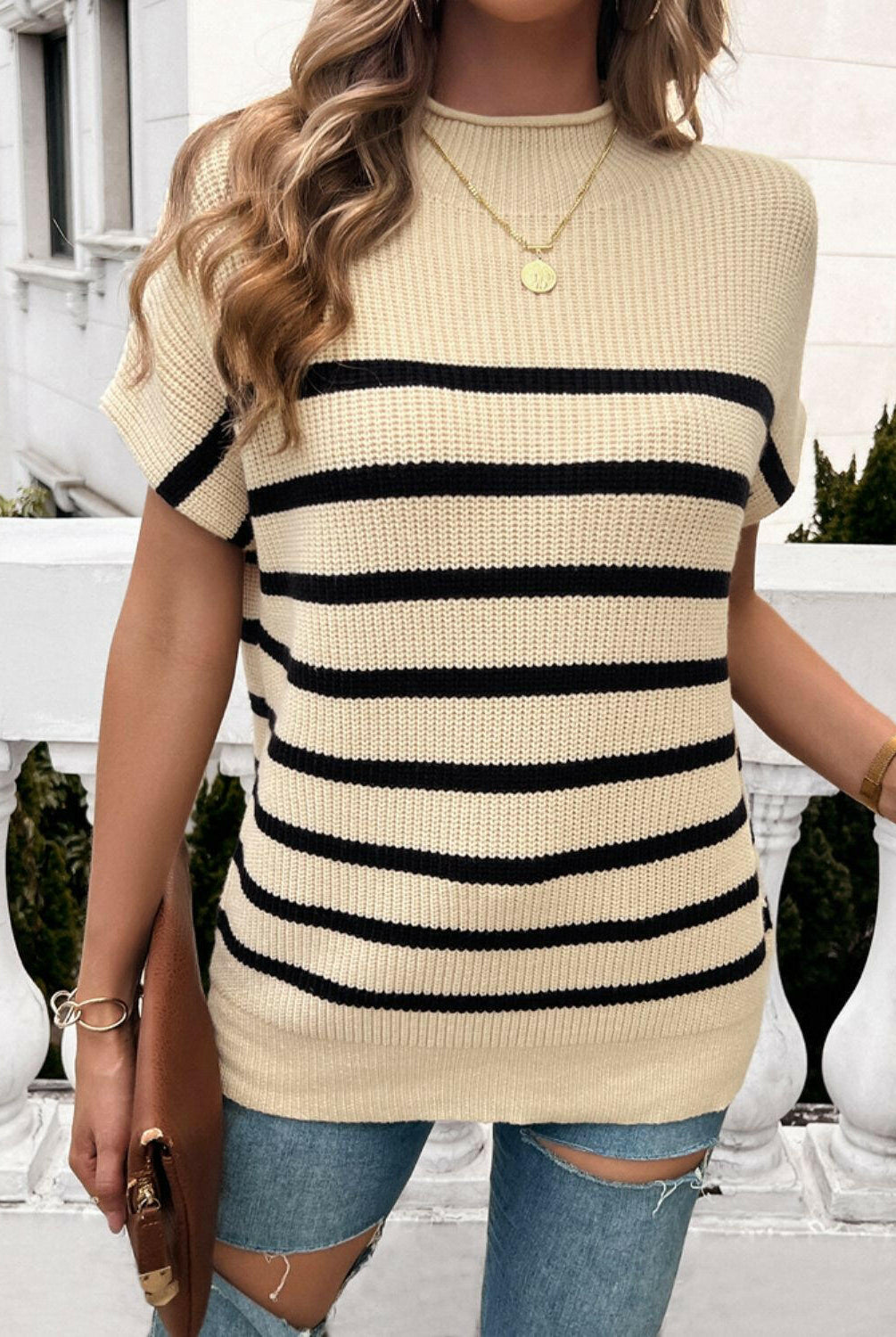 Between the Lines Striped Mock Neck Short Sleeve Sweater-Tops-Krush Kandy, Women's Online Fashion Boutique Located in Phoenix, Arizona (Scottsdale Area)