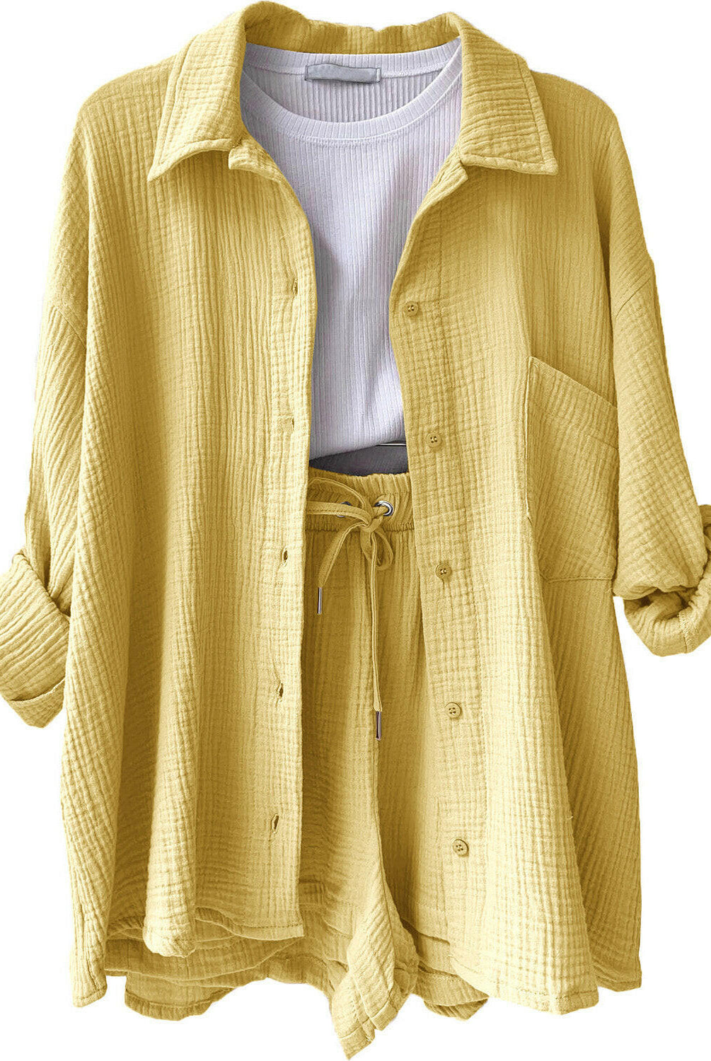 Kinsley Texture Button-Up Shirt and Drawstring Shorts Set-Krush Kandy, Women's Online Fashion Boutique Located in Phoenix, Arizona (Scottsdale Area)