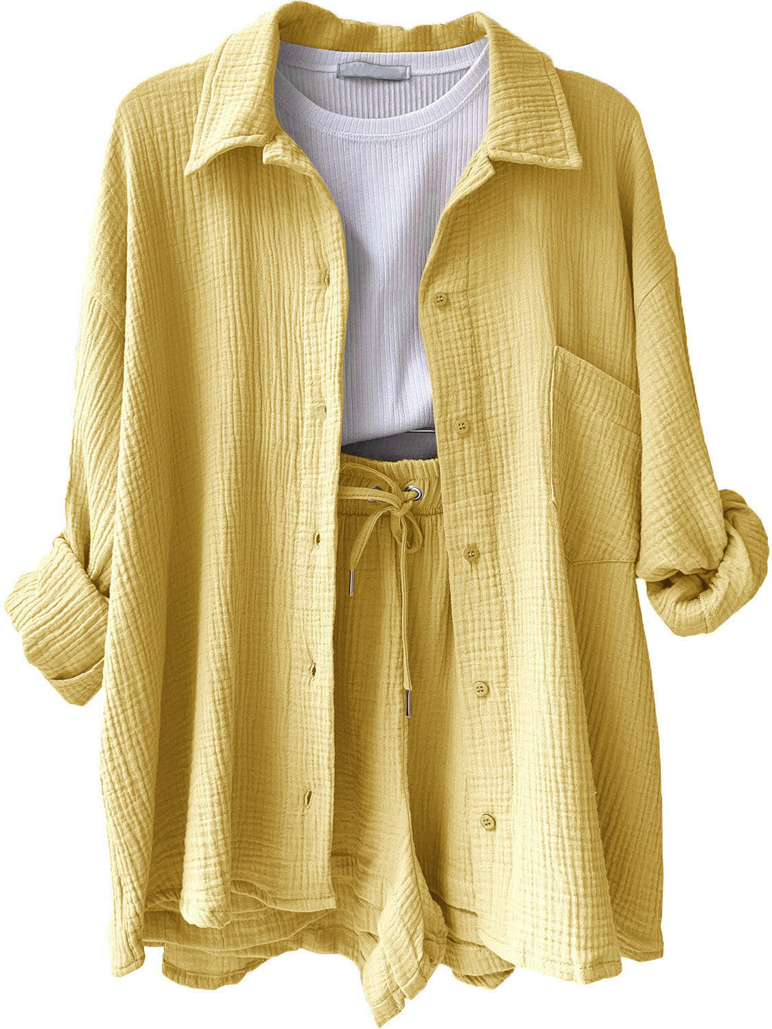 Kinsley Texture Button-Up Shirt and Drawstring Shorts Set-Krush Kandy, Women's Online Fashion Boutique Located in Phoenix, Arizona (Scottsdale Area)