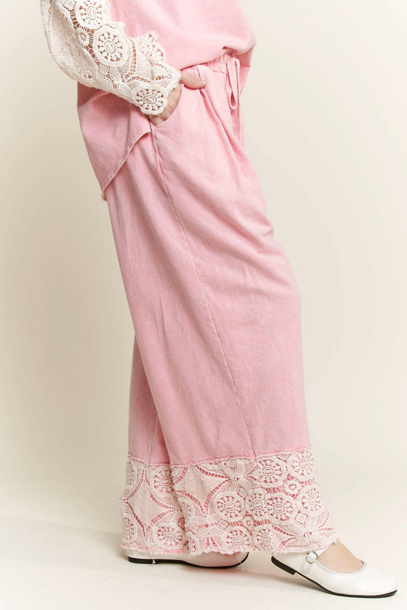 J.HER MineralWash Crochet Plicated Wide Leg Terry Pants-Krush Kandy, Women's Online Fashion Boutique Located in Phoenix, Arizona (Scottsdale Area)