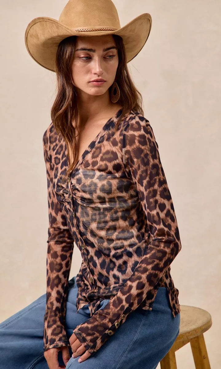 BiBi Leopard Printed Mesh Shirt With Button Up V Neck-Tops-Krush Kandy, Women's Online Fashion Boutique Located in Phoenix, Arizona (Scottsdale Area)