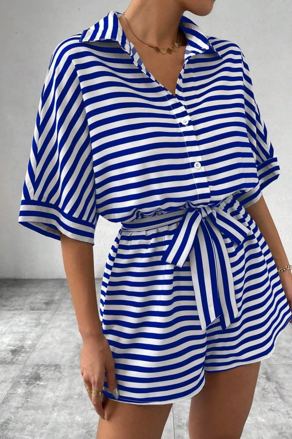 Striped Collared Neck Tie Waist Romper-Krush Kandy, Women's Online Fashion Boutique Located in Phoenix, Arizona (Scottsdale Area)