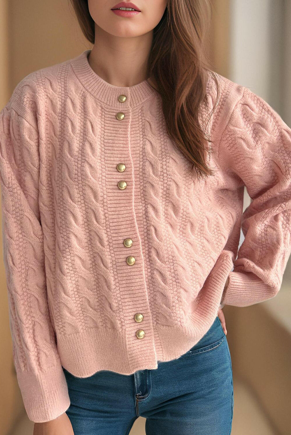 Cable-Knit Round Neck Long Sleeve Cardigan-Cardigans-Krush Kandy, Women's Online Fashion Boutique Located in Phoenix, Arizona (Scottsdale Area)