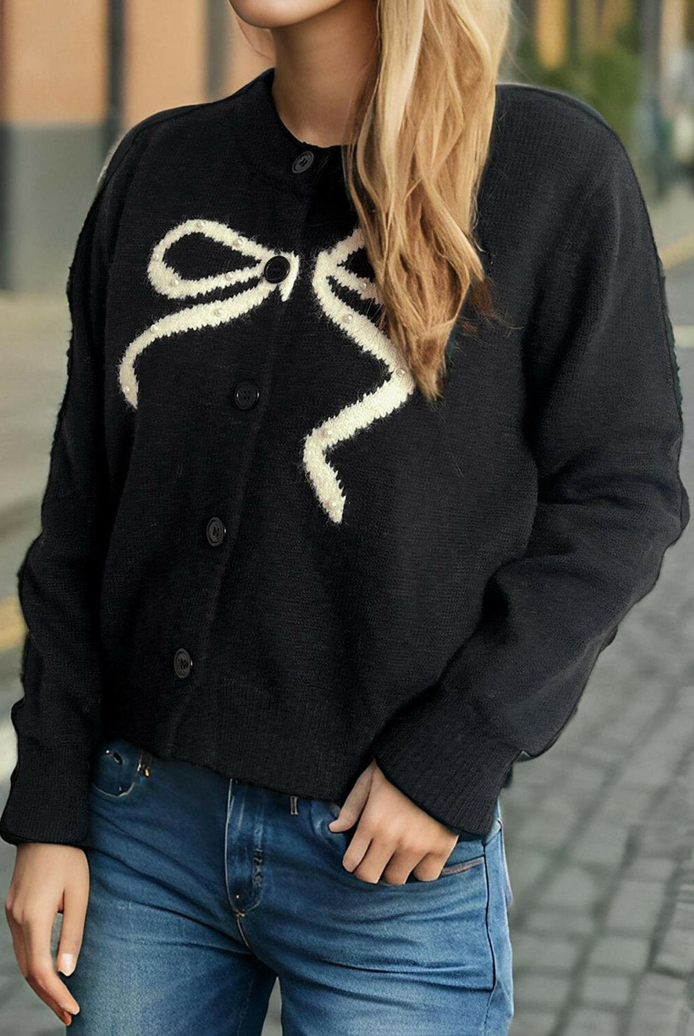 Bow Button Down Round Neck Cardigan-Krush Kandy, Women's Online Fashion Boutique Located in Phoenix, Arizona (Scottsdale Area)
