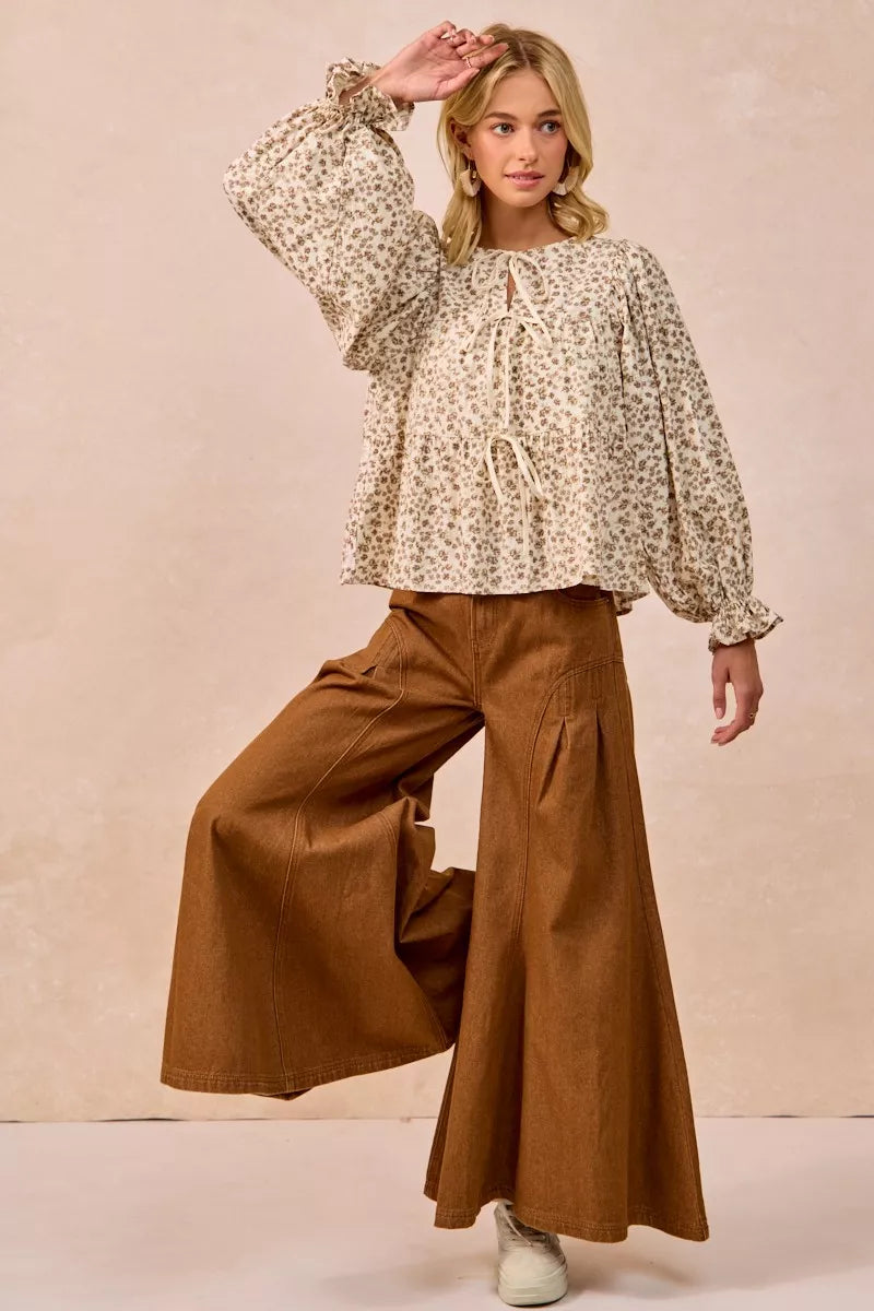 BiBi Floral Printed Peplum Blouse with Shirring and Tied-Tops-Krush Kandy, Women's Online Fashion Boutique Located in Phoenix, Arizona (Scottsdale Area)