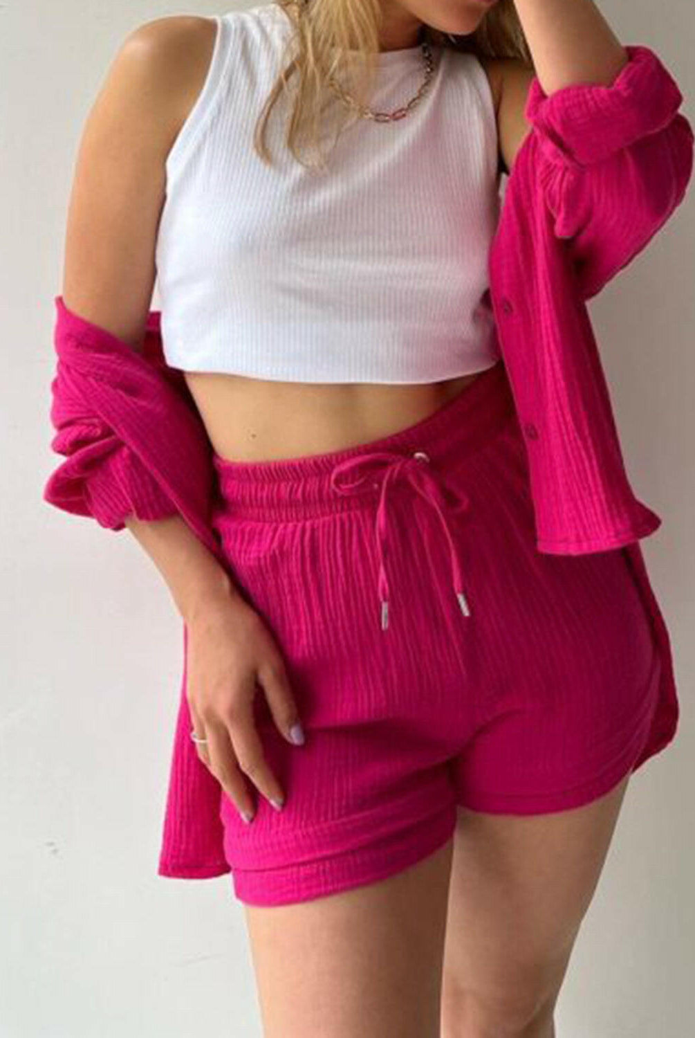 Kinsley Texture Button-Up Shirt and Drawstring Shorts Set-Krush Kandy, Women's Online Fashion Boutique Located in Phoenix, Arizona (Scottsdale Area)