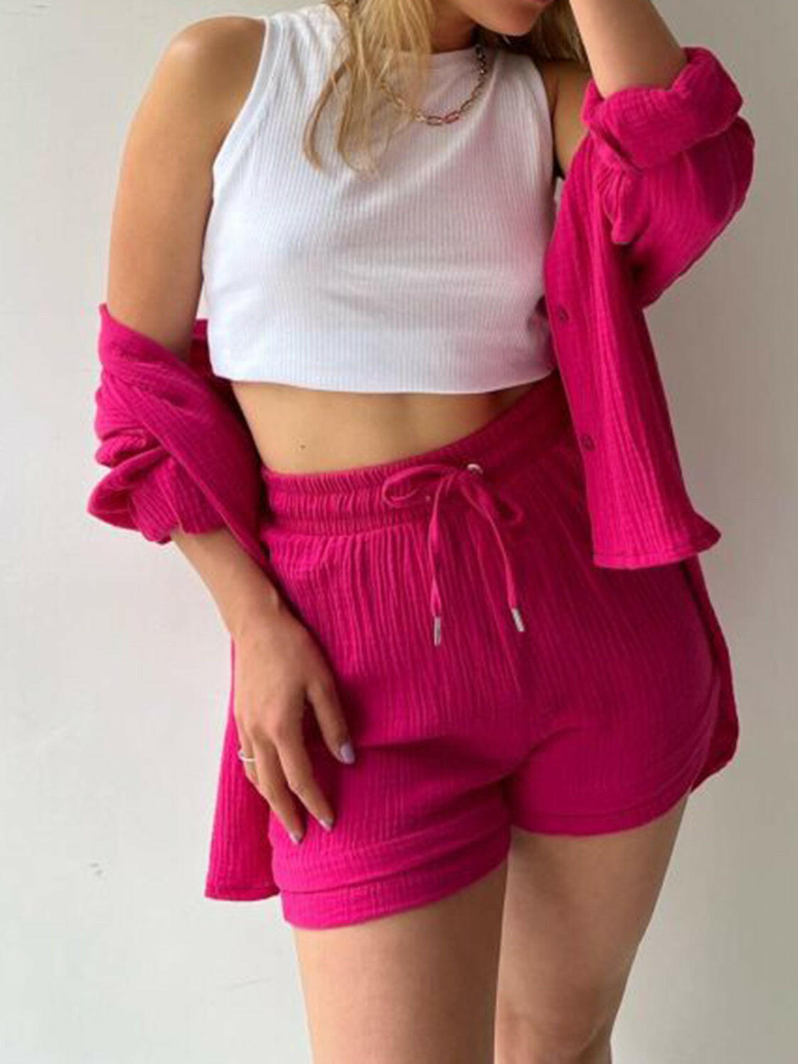 Kinsley Texture Button-Up Shirt and Drawstring Shorts Set-Krush Kandy, Women's Online Fashion Boutique Located in Phoenix, Arizona (Scottsdale Area)