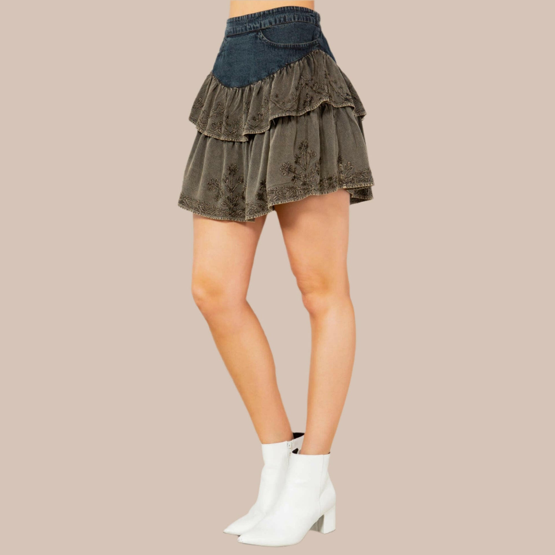 Boho Denim Fusion Embroidered Mini Skirt-Skirts-Krush Kandy, Women's Online Fashion Boutique Located in Phoenix, Arizona (Scottsdale Area)