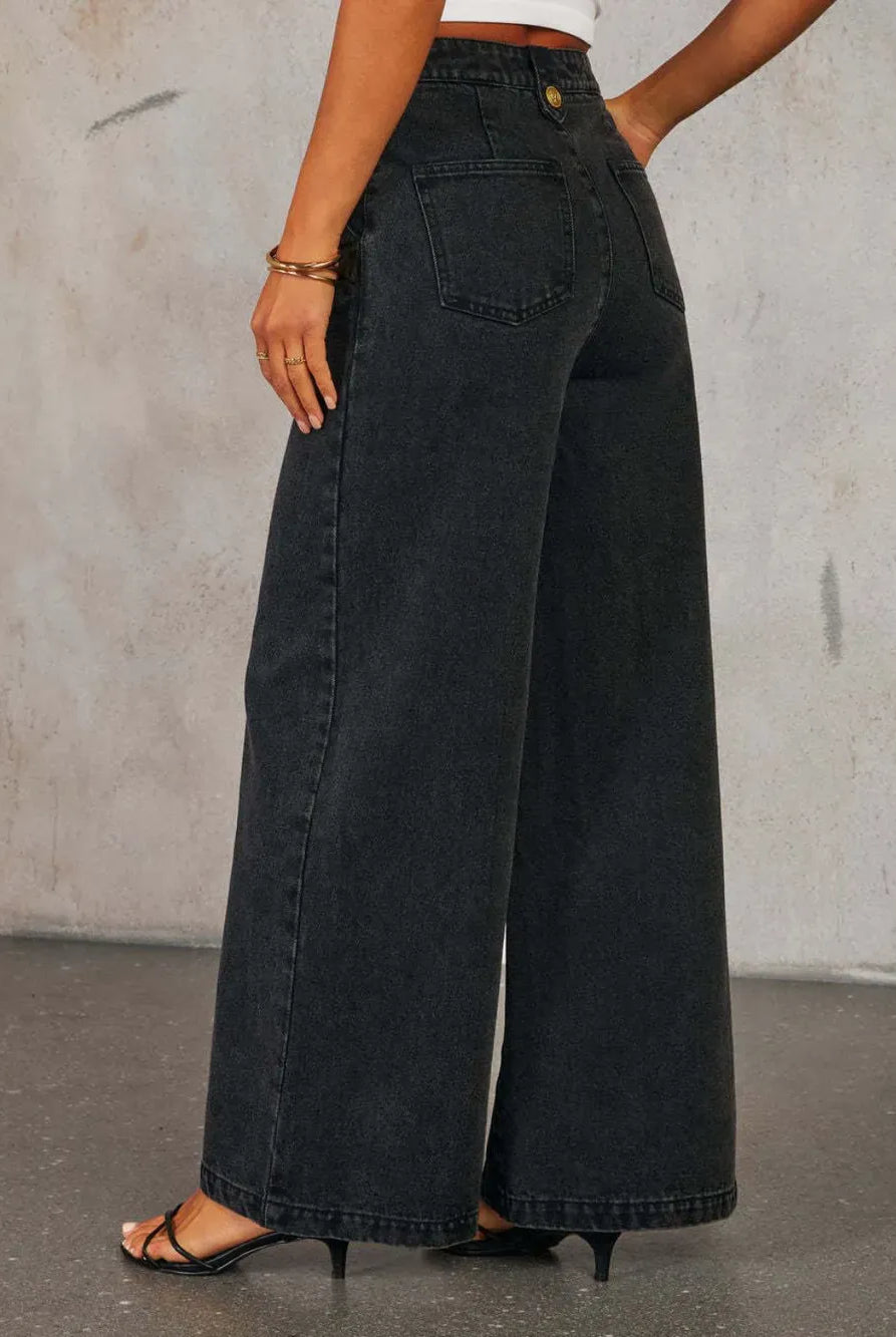 Button Decor High Rise Wide Leg Jeans-Krush Kandy, Women's Online Fashion Boutique Located in Phoenix, Arizona (Scottsdale Area)