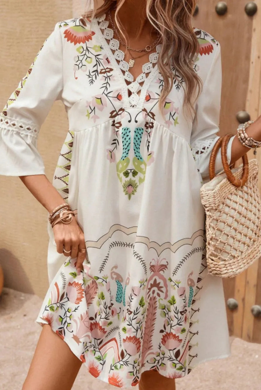 Lace Detail Printed Three-Quarter Sleeve Dress-Dresses-Krush Kandy, Women's Online Fashion Boutique Located in Phoenix, Arizona (Scottsdale Area)