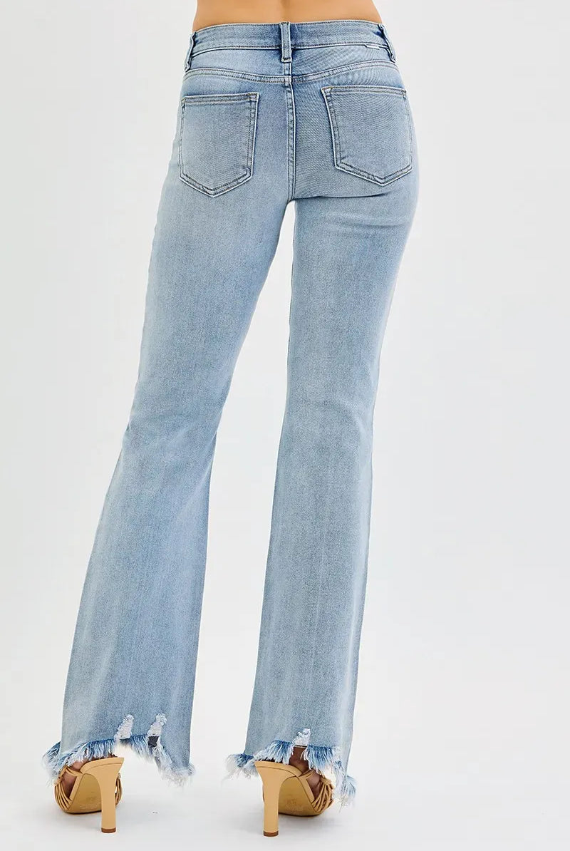 RISEN Full Size Tummy Control Mid Rise Flare Jeans with Fray Hem Detailed Plus Size-Jeans-Krush Kandy, Women's Online Fashion Boutique Located in Phoenix, Arizona (Scottsdale Area)