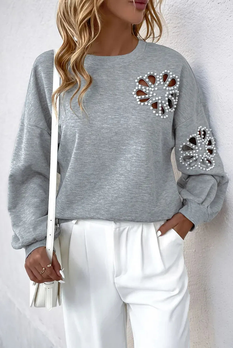 Perfee Cutout Pearl Round Neck Long Sleeve Sweatshirt-Sweaters-Krush Kandy, Women's Online Fashion Boutique Located in Phoenix, Arizona (Scottsdale Area)