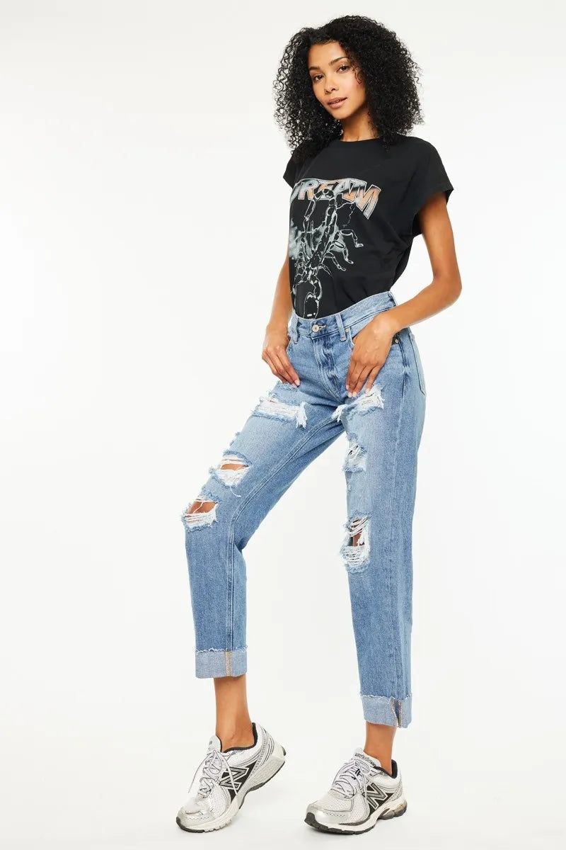 Kancan Mid Rise Distressed Boyfriend Fit Jeans-Denim-Krush Kandy, Women's Online Fashion Boutique Located in Phoenix, Arizona (Scottsdale Area)