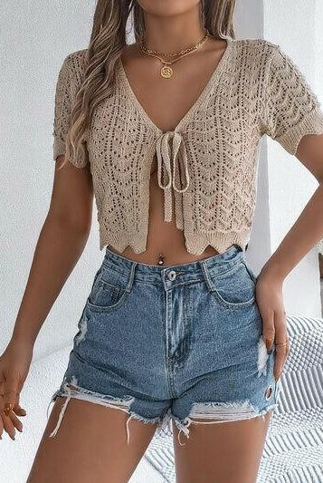 Tied Openwork Short Sleeve Cardigan-Krush Kandy, Women's Online Fashion Boutique Located in Phoenix, Arizona (Scottsdale Area)