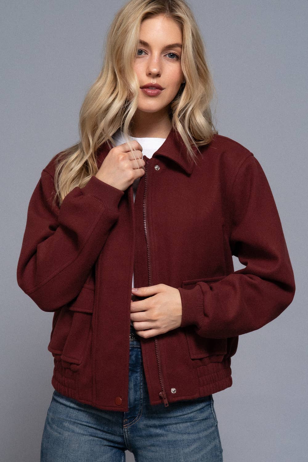 Long Sleeve Lapel Collar Soft Felt Bomber Jacket-Jackets-Krush Kandy, Women's Online Fashion Boutique Located in Phoenix, Arizona (Scottsdale Area)