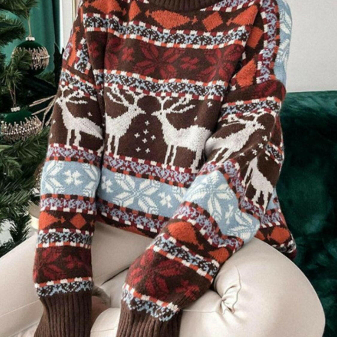 Geometric Round Neck Dropped Shoulder Sweater-Sweaters-Krush Kandy, Women's Online Fashion Boutique Located in Phoenix, Arizona (Scottsdale Area)