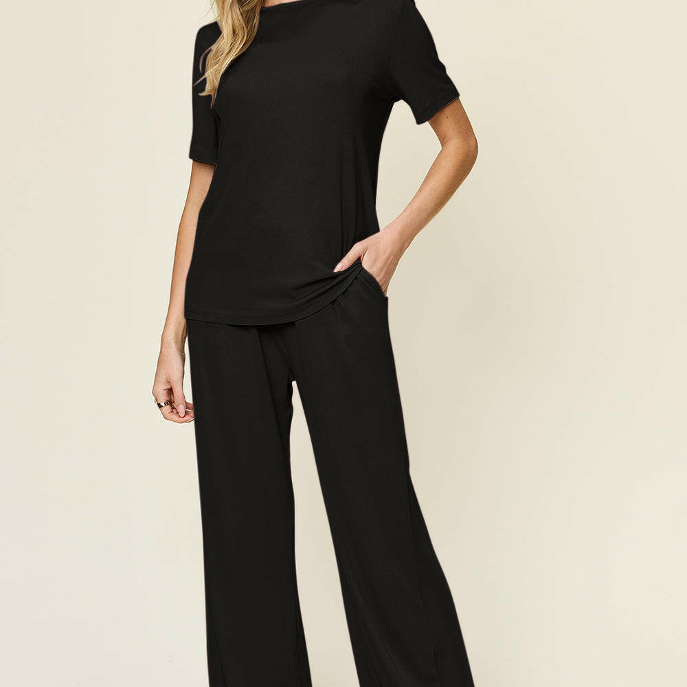 Double Take Full Size Round Neck Short Sleeve T-Shirt and Wide Leg Pants Set-Krush Kandy, Women's Online Fashion Boutique Located in Phoenix, Arizona (Scottsdale Area)