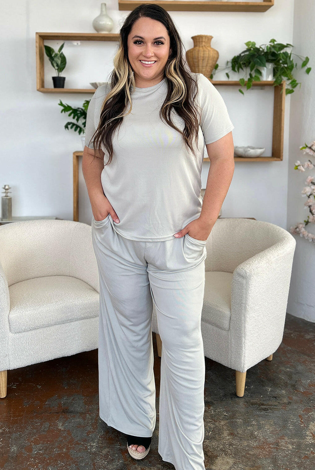 Double Take Full Size Round Neck Short Sleeve T-Shirt and Wide Leg Pants Set-Krush Kandy, Women's Online Fashion Boutique Located in Phoenix, Arizona (Scottsdale Area)