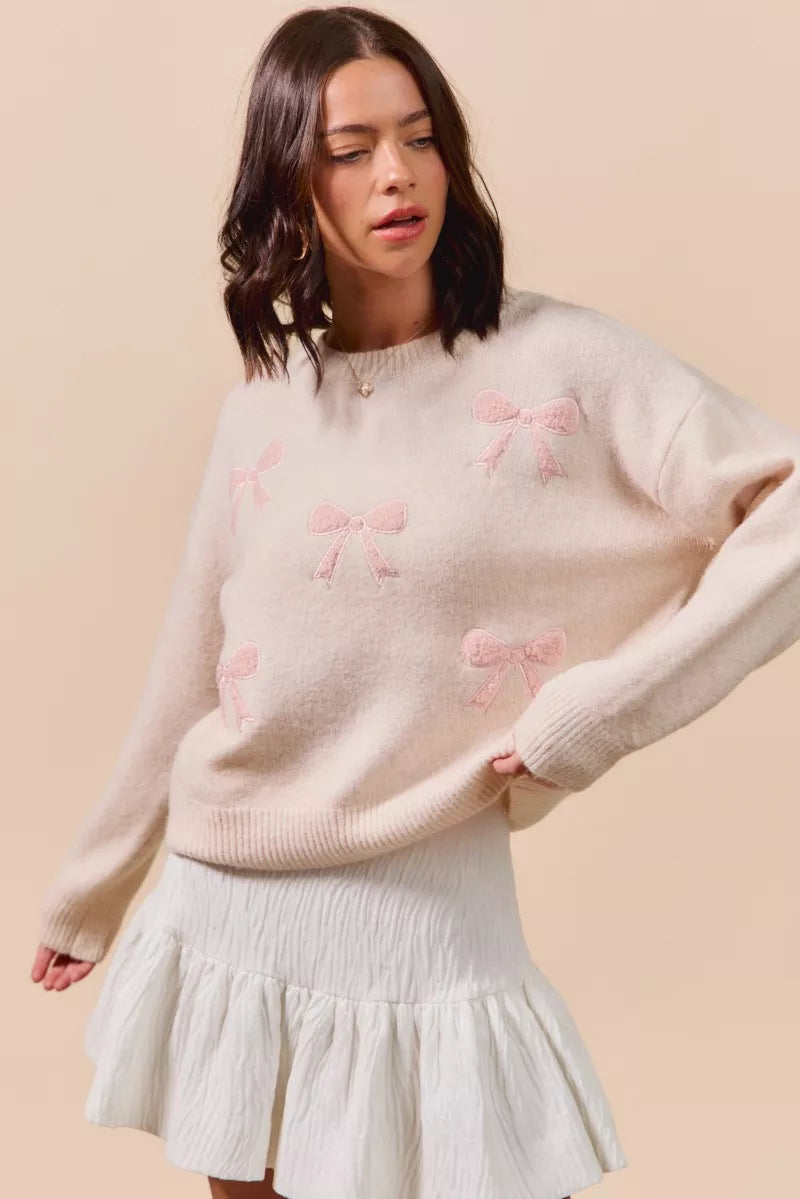 SO ME Embroidered Ribbon Round Neck Sweater-Sweaters-Krush Kandy, Women's Online Fashion Boutique Located in Phoenix, Arizona (Scottsdale Area)