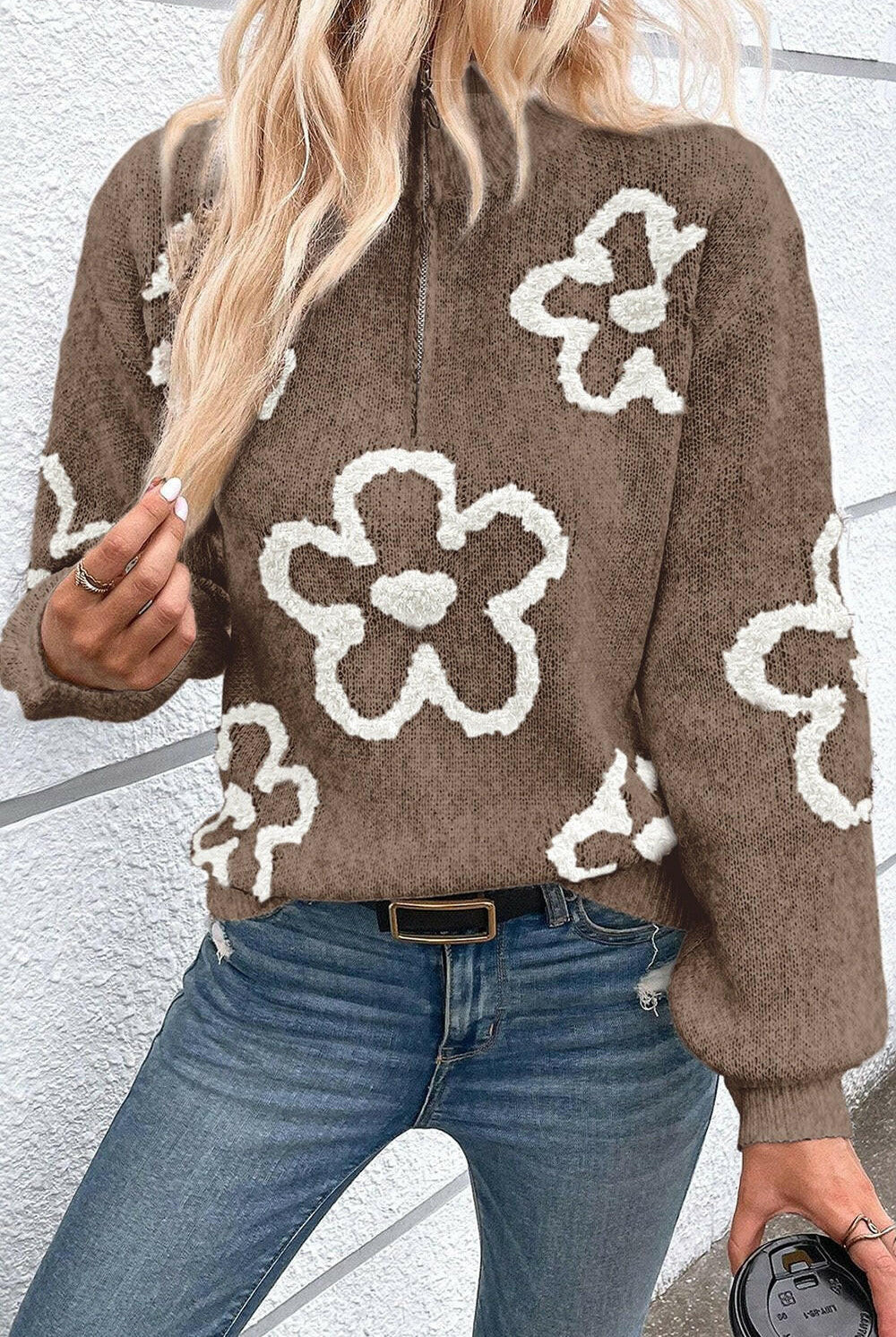 Flower Half Zip Dropped Shoulder Sweater-Krush Kandy, Women's Online Fashion Boutique Located in Phoenix, Arizona (Scottsdale Area)