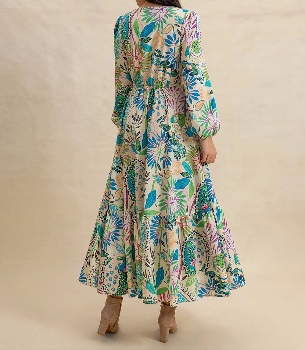 Slit Printed V-Neck Long Sleeve Midi Dress-Dresses-Krush Kandy, Women's Online Fashion Boutique Located in Phoenix, Arizona (Scottsdale Area)