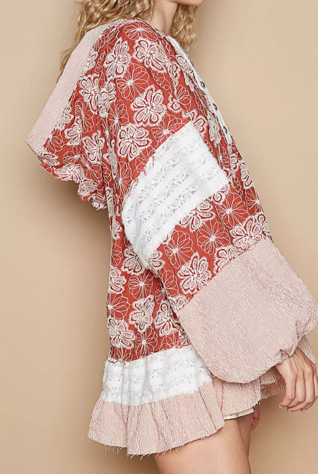 POL Ruffled Hem Floral Pattern Balloon Sleeve Hoodie-Hoodies-Krush Kandy, Women's Online Fashion Boutique Located in Phoenix, Arizona (Scottsdale Area)