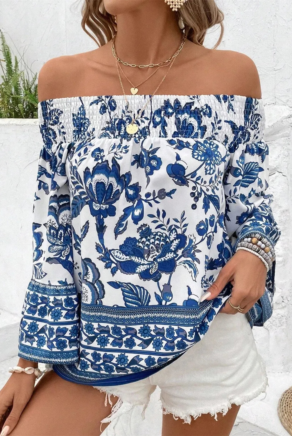 Smocked Printed Off-Shoulder Blouse-Blouses-Krush Kandy, Women's Online Fashion Boutique Located in Phoenix, Arizona (Scottsdale Area)