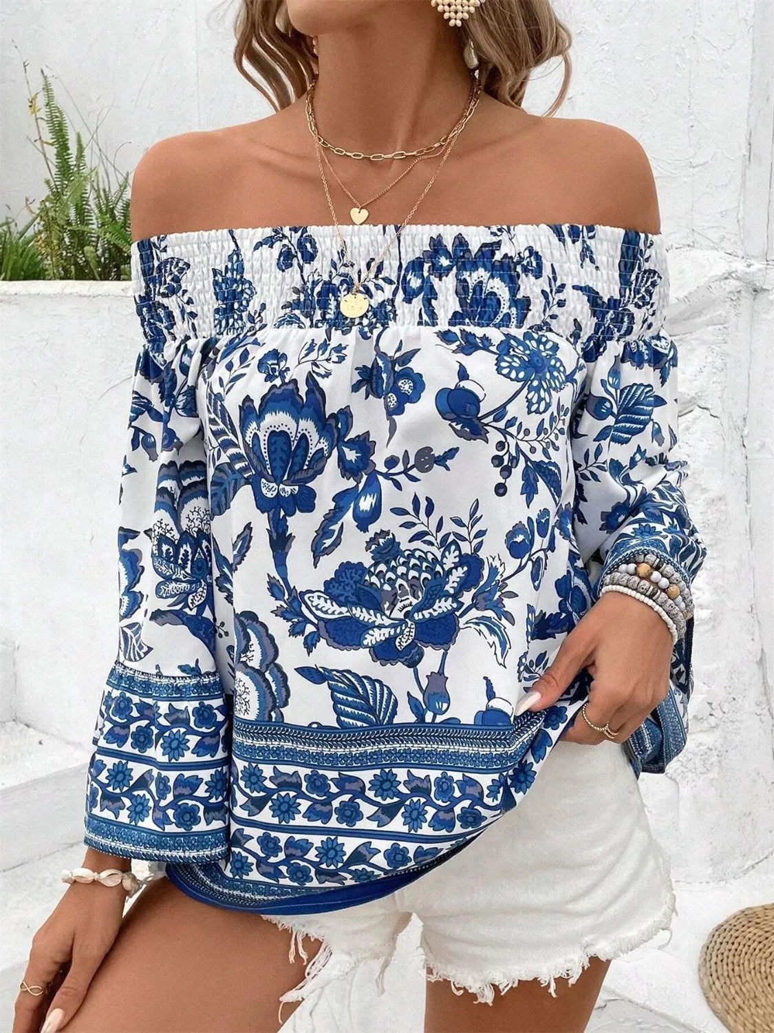 Smocked Printed Off-Shoulder Blouse-Blouses-Krush Kandy, Women's Online Fashion Boutique Located in Phoenix, Arizona (Scottsdale Area)