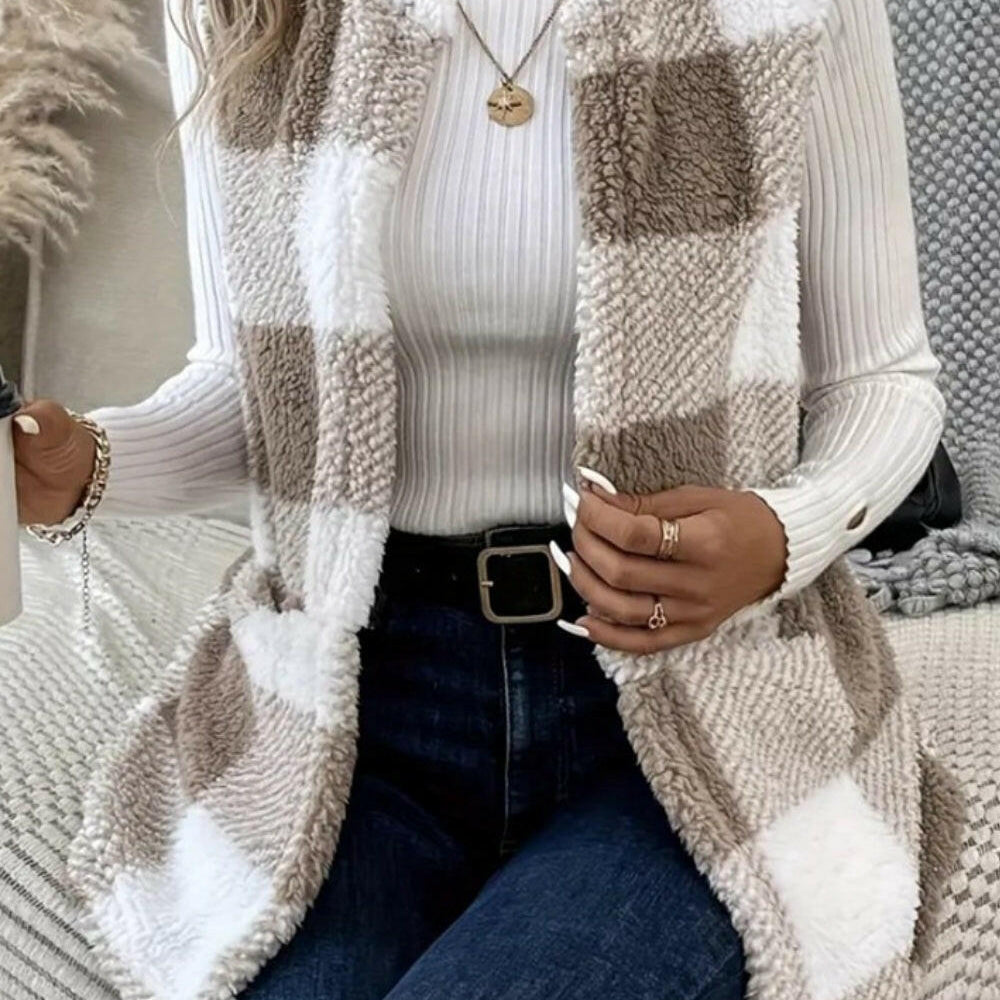 Sherpa Plaid Open Front Vest Coat-Krush Kandy, Women's Online Fashion Boutique Located in Phoenix, Arizona (Scottsdale Area)