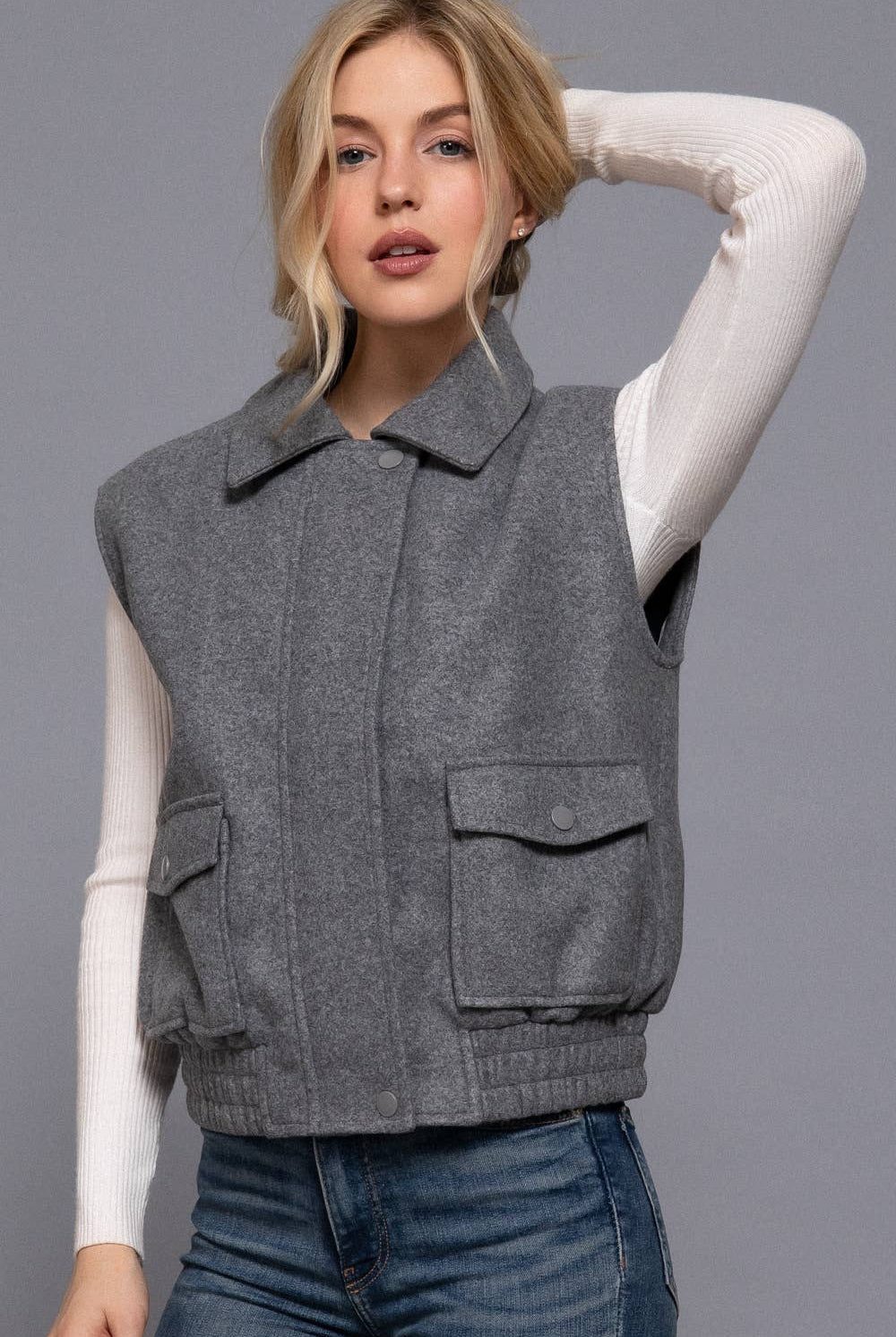 Notched Collar Soft Felt Zip Up Vest-Vests-Krush Kandy, Women's Online Fashion Boutique Located in Phoenix, Arizona (Scottsdale Area)