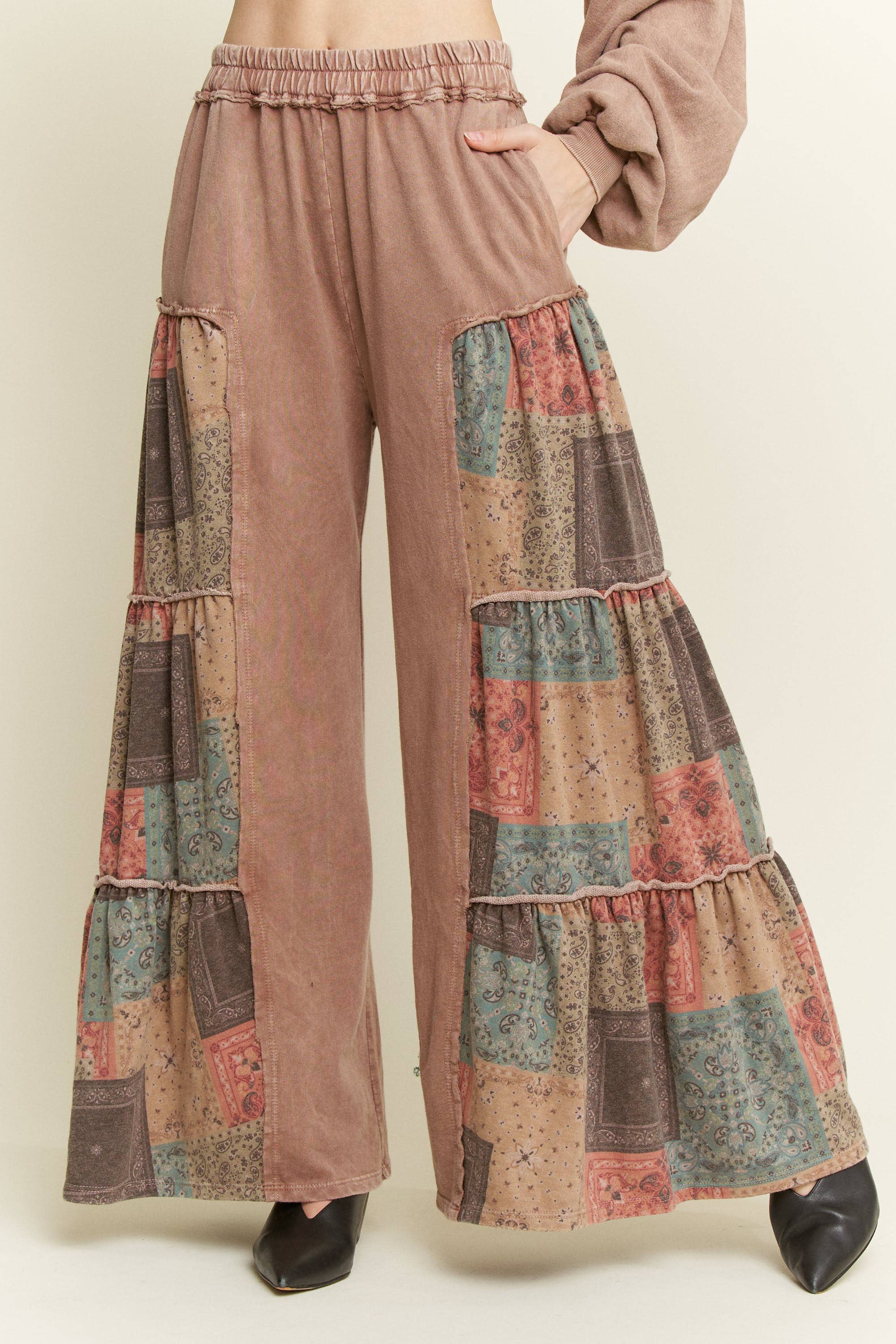 J.HER Mineral Washed Boho Patch Tiered Wide Pants-Pants-Krush Kandy, Women's Online Fashion Boutique Located in Phoenix, Arizona (Scottsdale Area)