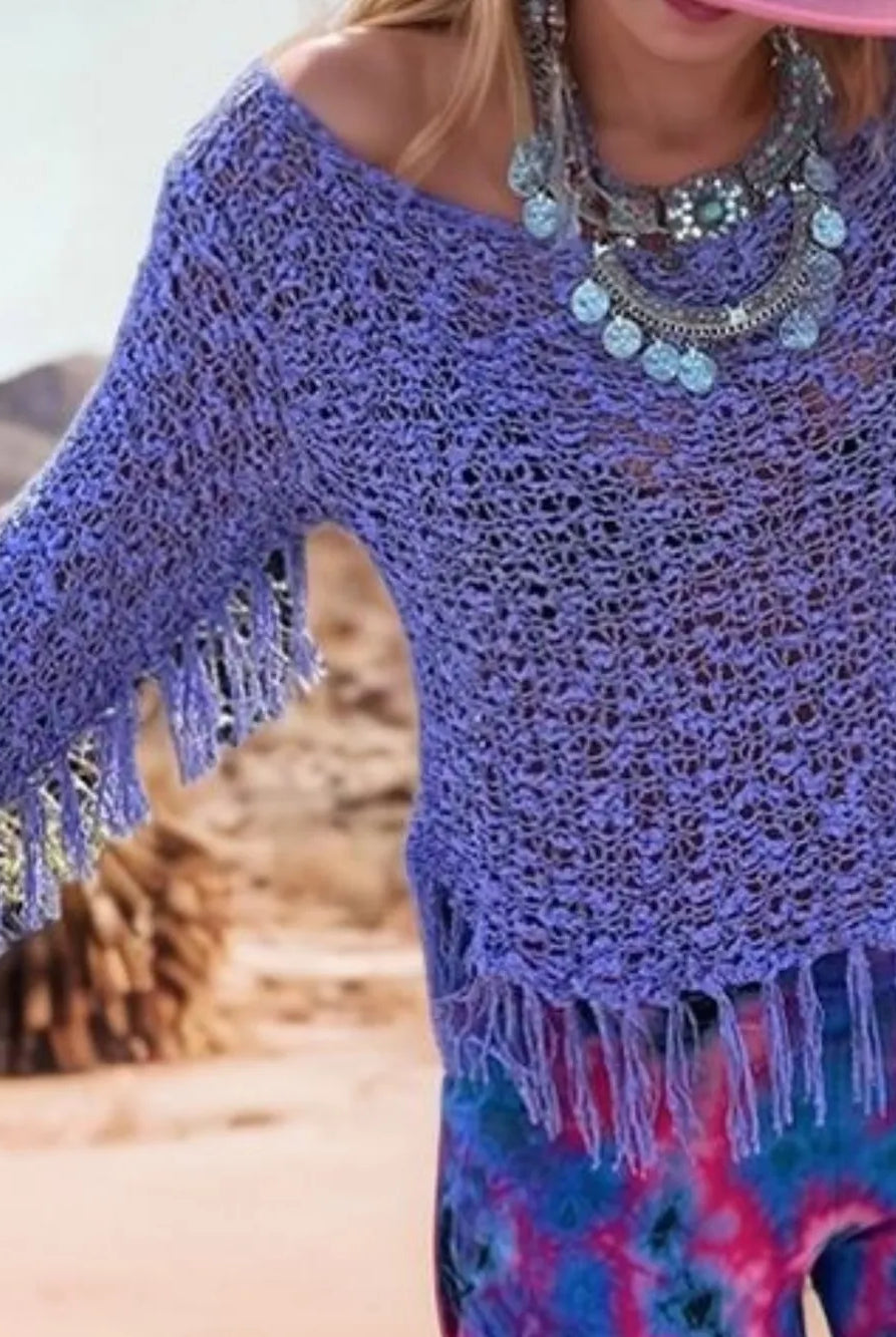 Tassel Boat Neck Knit Cover Up-Tops-Krush Kandy, Women's Online Fashion Boutique Located in Phoenix, Arizona (Scottsdale Area)