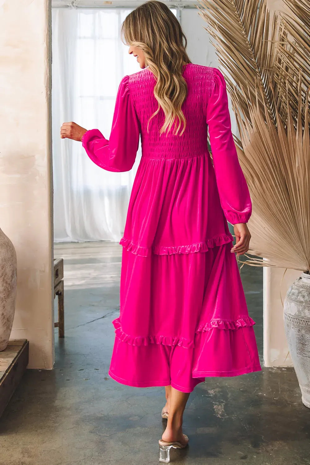 Frill V-Neck Balloon Sleeve Tiered Dress-Dresses-Krush Kandy, Women's Online Fashion Boutique Located in Phoenix, Arizona (Scottsdale Area)
