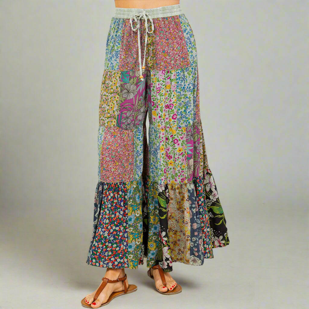 Boho Patchwork Wide Leg Pants-PANTS-Krush Kandy, Women's Online Fashion Boutique Located in Phoenix, Arizona (Scottsdale Area)