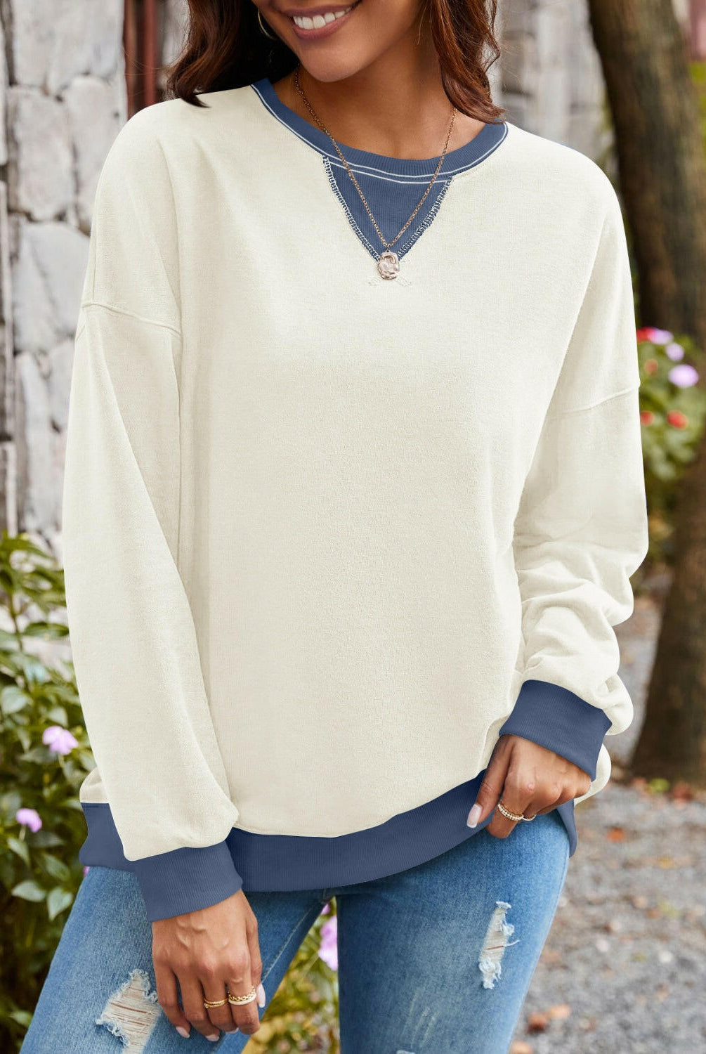 Lovelet Contrast Round Neck Long Sleeve Sweatshirt-Krush Kandy, Women's Online Fashion Boutique Located in Phoenix, Arizona (Scottsdale Area)