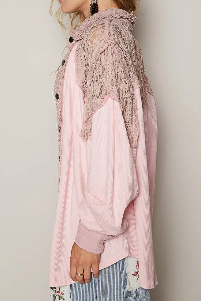 POL Lace Patchwork Button Up Shacket-Jackets-Krush Kandy, Women's Online Fashion Boutique Located in Phoenix, Arizona (Scottsdale Area)