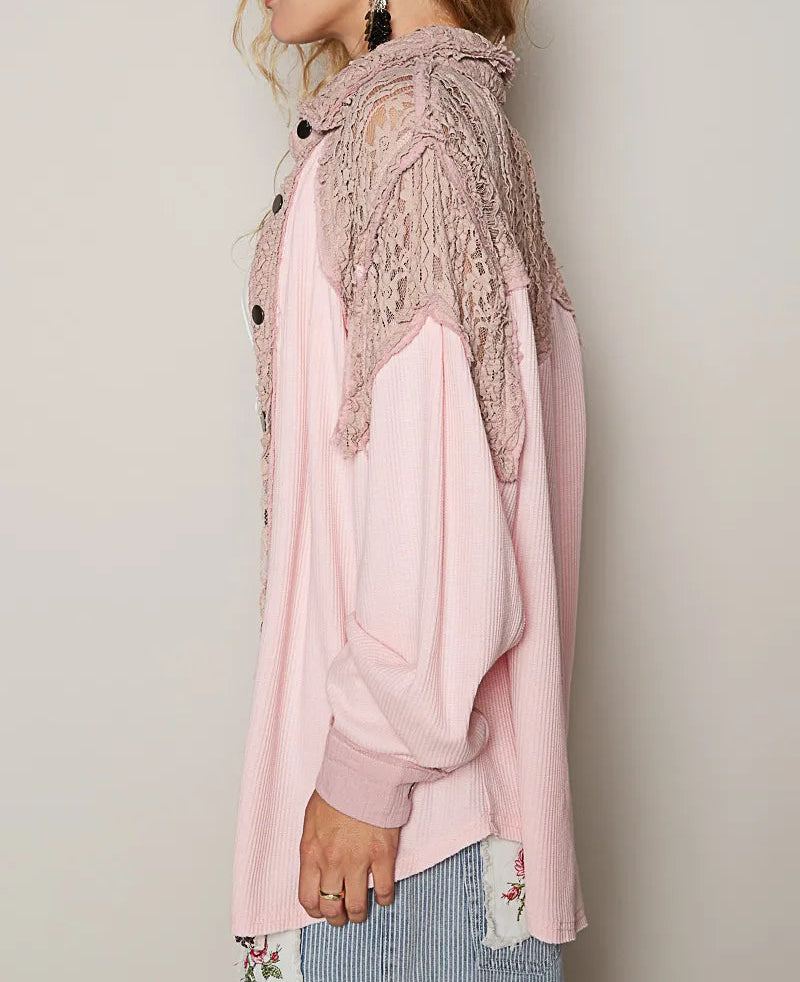 POL Lace Patchwork Button Up Shacket-Jackets-Krush Kandy, Women's Online Fashion Boutique Located in Phoenix, Arizona (Scottsdale Area)