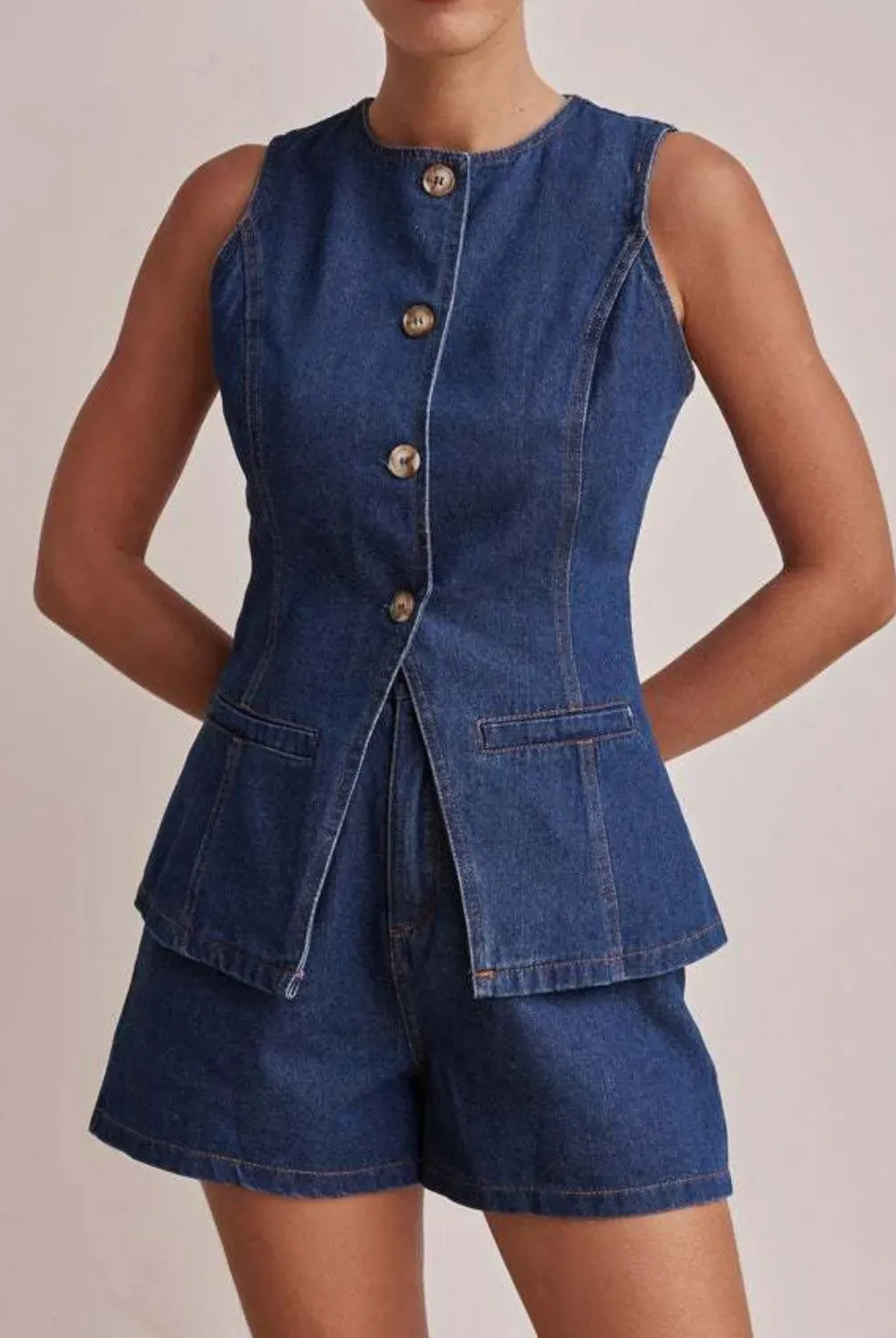Button Down Vest and Shorts Denim Set-2 Piece Outfit Sets-Krush Kandy, Women's Online Fashion Boutique Located in Phoenix, Arizona (Scottsdale Area)